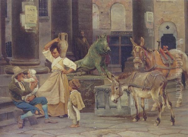 Fontaenen Ved Loggia Dei Mercanti I Florens Oil Painting by Johan Thomas Lundbye