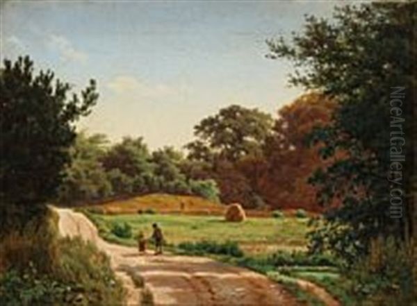 Danish Summer Landscape With An Old Man And A Little Girl On The Country Road Oil Painting by Anders Christian Lunde