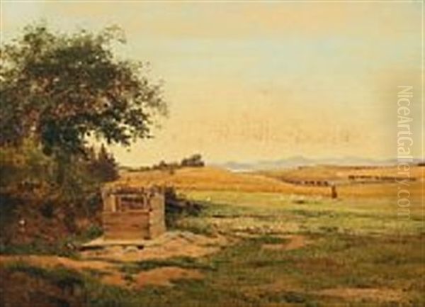 Landscape From Gurre So With Goose Girl Oil Painting by Anders Christian Lunde