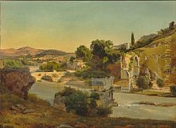 The River Nera At Narni Noth Of Rome With The Bridge Of Augustus Oil Painting by Anders Christian Lunde