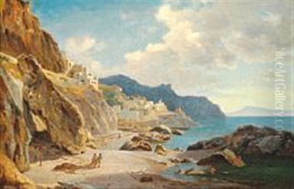 Coastal Scene From Amalfi With Fishermen And Bathers Oil Painting by Anders Christian Lunde