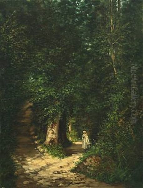 Forest Scape With A Young Woman Oil Painting by Anders Christian Lunde