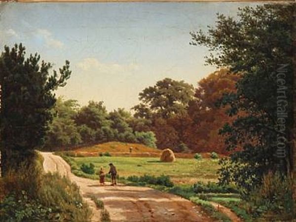 A Man And A Girl On A Road, Summer Time Oil Painting by Anders Christian Lunde