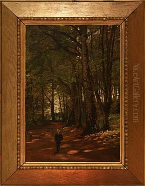 Forest Scene With A Boy Oil Painting by Justus Lundegard