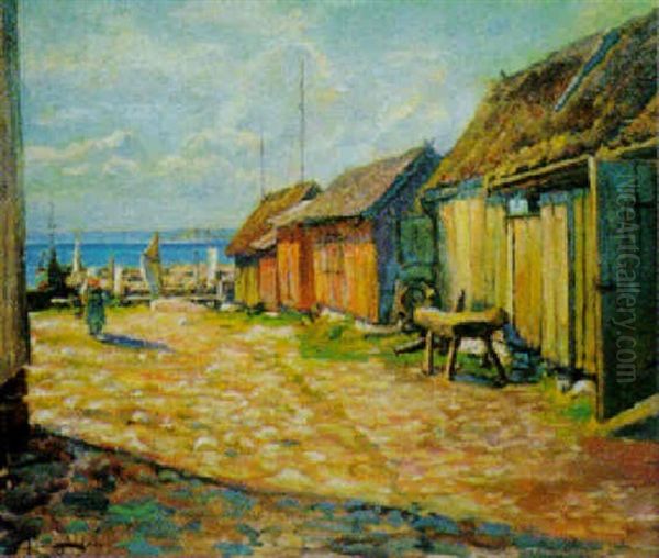 Hamnmotiv Med Fiskebodar Oil Painting by Justus Lundegard