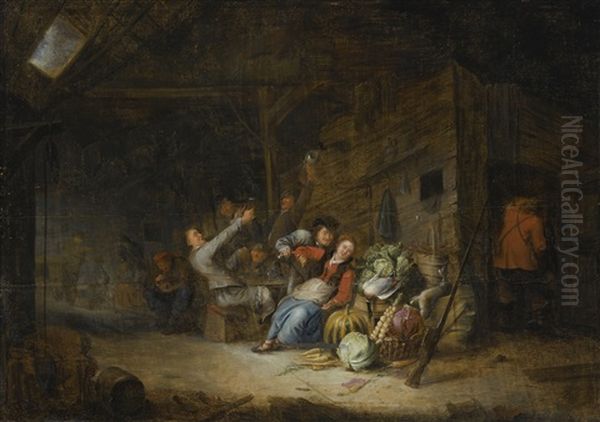 A Barn Interior With Figures Drinking Around A Table Oil Painting by Gerrit Lundens