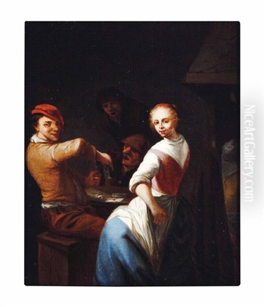 Peasants Merrymaking In A Tavern (2 Works) Oil Painting by Gerrit Lundens