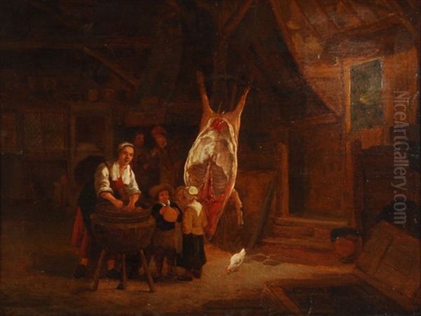 Interieur De Ferme Avec Porc Abattu Oil Painting by Gerrit Lundens