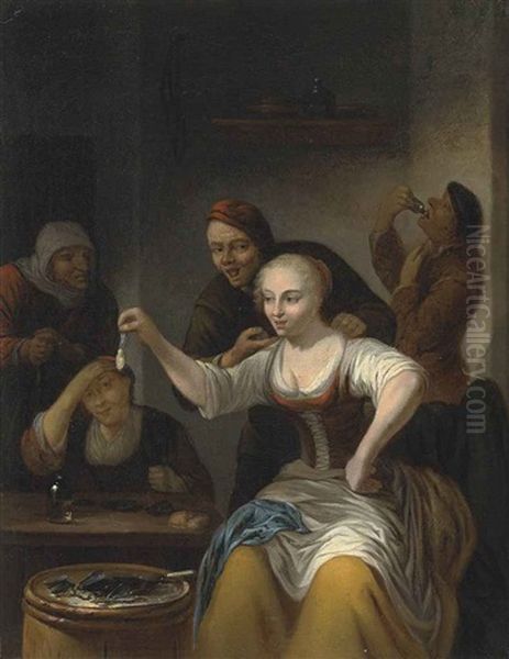 A Barn Interior With A Woman Seated Holding Up An Opened Clam And Other Figures Gathered Around The Table And A Barrel Oil Painting by Gerrit Lundens