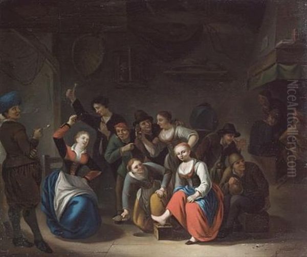 An Interior With Figures Playing La Main Chaud Oil Painting by Gerrit Lundens