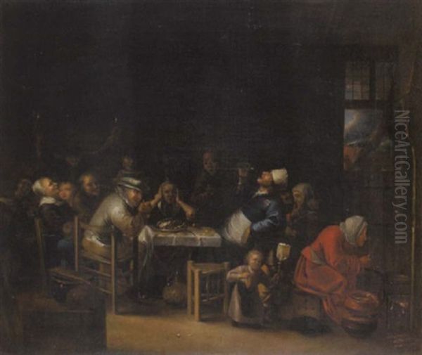 Bauernmahlzeit Mit Der Pfannkuchenbackerin Oil Painting by Gerrit Lundens