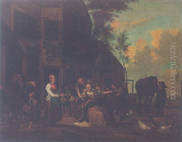 Figures Resting Before An Inn Oil Painting by Gerrit Lundens