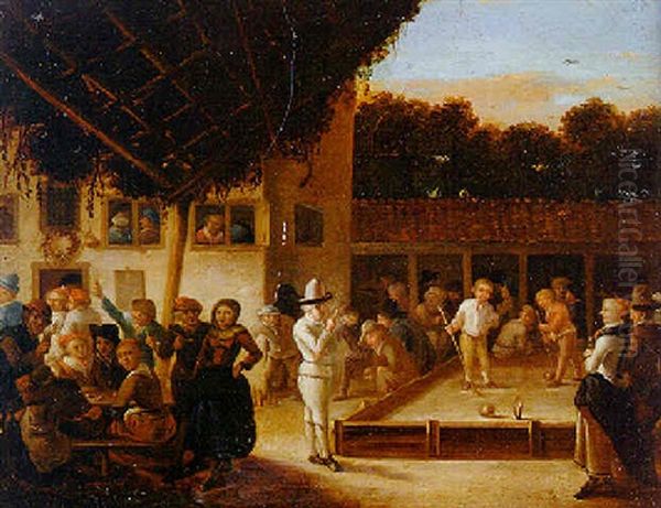 Figures Playing Bowls And Skittles In The Courtyard Of An Inn Oil Painting by Gerrit Lundens