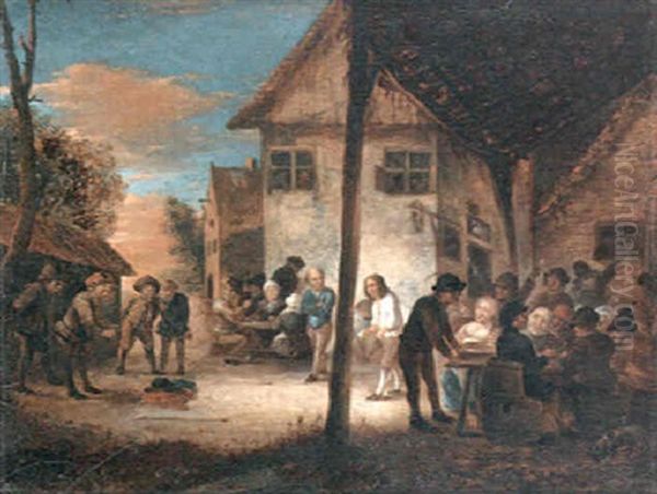 A Courtyard Scene At The Swann Inn With Peasants Carousing And Playing Bowls Oil Painting by Gerrit Lundens