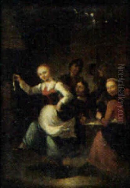 Krostueinterior Med Ung Pige Der Danser For Gaesterne Oil Painting by Gerrit Lundens