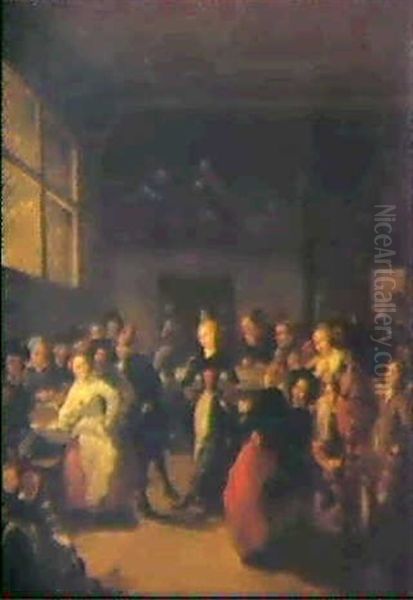 A Married Couple Leading The Dance At A Wedding Feast Oil Painting by Gerrit Lundens