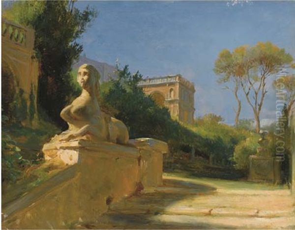 Le Parc D'une Villa A Rome, Avec Un Sphinx Au Premier Plan Oil Painting by Egron Sillif Lundgren