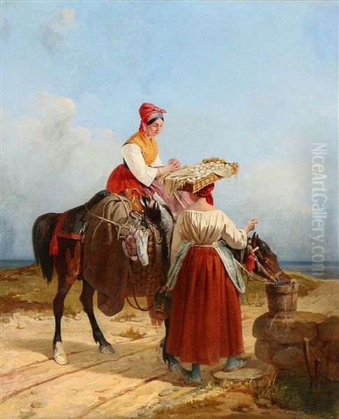 Two Young Peasant Women Watering The Horse On The Way To Market Oil Painting by Theodor Lundh