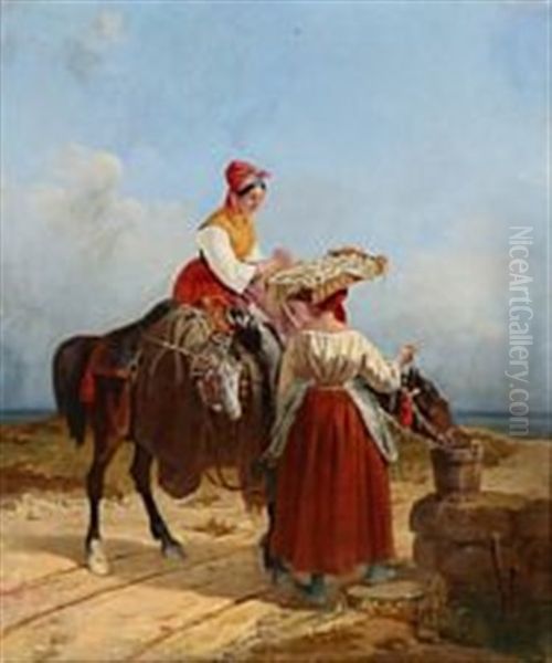 Two Young Peasant Women Watering The Horse On The Way To Market Oil Painting by Theodor Lundh