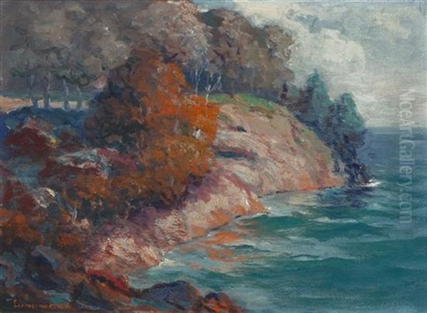 Red Rocks From Presque Isle Oil Painting by Leon Lundmark