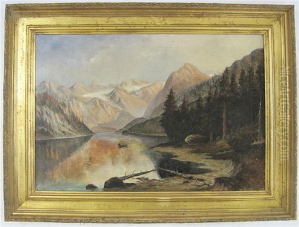 Mountain Landscape With Indians In Canoe On Lake Oil Painting by Leon Lundmark