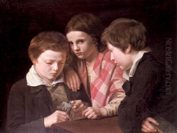 Portrait Of The Artist's Three Children Playing At A Table Oil Painting by Anders Lundquist