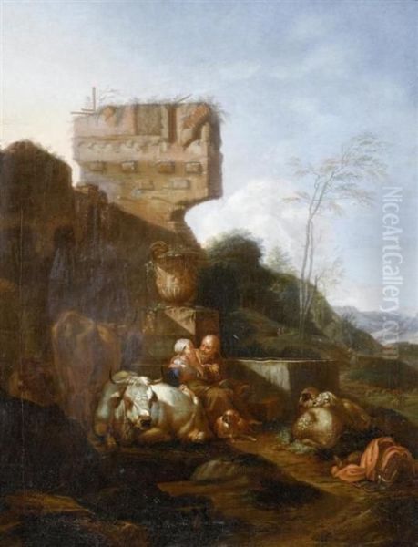 Shepherd Couple With Flock Before A Landscape With Ruins Oil Painting by Nicolaes Berchem