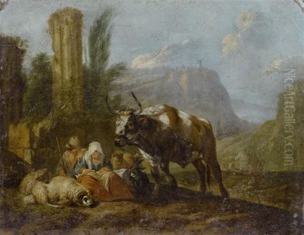 Herdsman And Woman With Cattle In A Landscape Oil Painting by Nicolaes Berchem