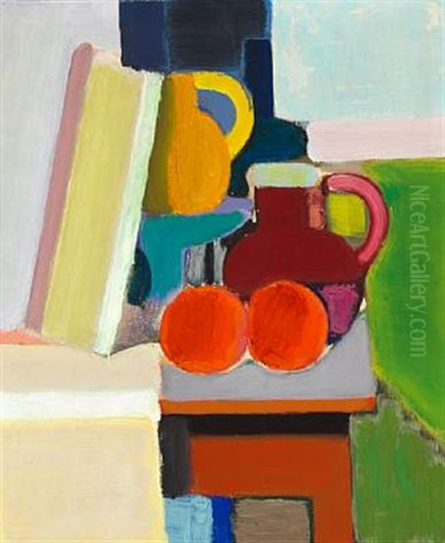 Opstilling. Gul Kande, Rod Kande, Flaske, Opsats Og To Appelsiner (still Life. Yellow Pitcher, Red Pitcher, Bottle, Centerpiece And Two Oranges Oil Painting by Vilhelm Lundstrom