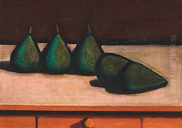 Fem Gronne Paerer Pa Et Rodt Bord Med Skuffe (five Green Pears On A Table) Oil Painting by Vilhelm Lundstrom