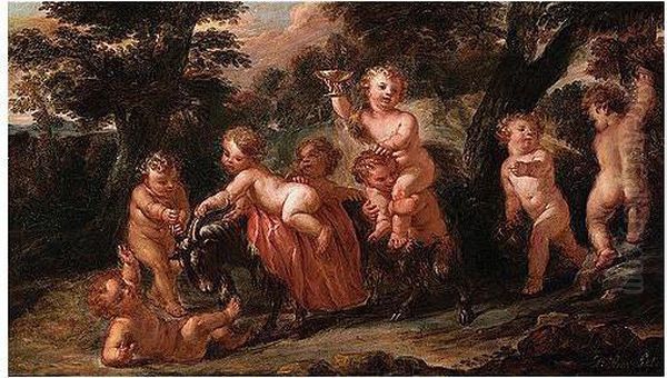 Putti Disporting With A Goat In A Landscape Oil Painting by Pierre Berchet