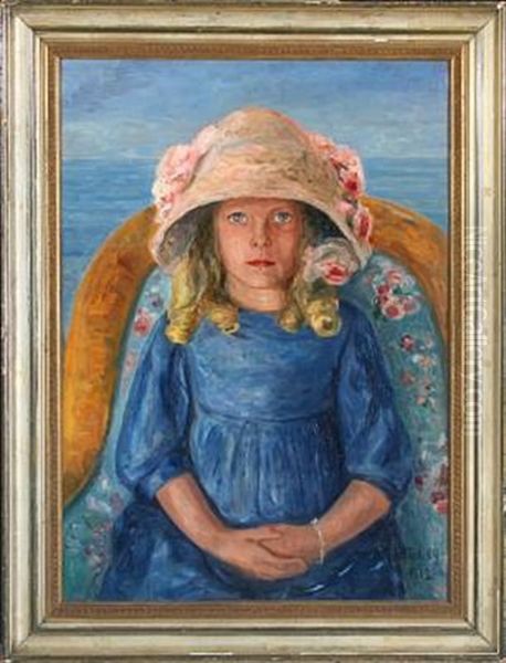 Young Girl With Hat Sitting In A Basket Chair Oil Painting by Yrsa Lundstrom