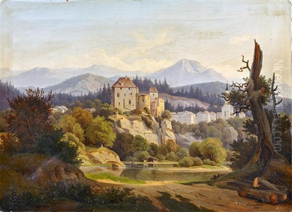 Flusslauf Im Gebirge Mit Burganlage Und Stadt Oil Painting by Hermann Lungkwitz