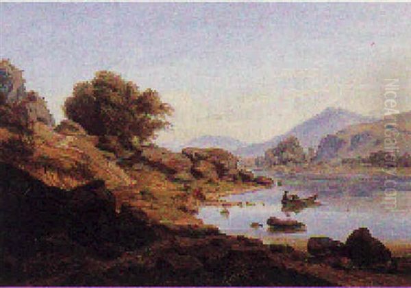 Berglandskab Med I Forgrunden Bjergso Med Haetteklaedt Kvinde I Robad Samt Figurer Pa En Sti Oil Painting by Hermann Lungkwitz