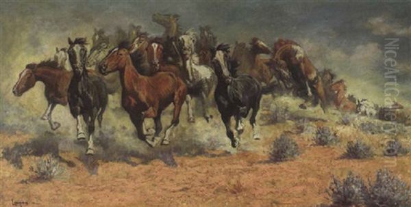 A Mustang Stampede Oil Painting by Fernand Harvey Lungren