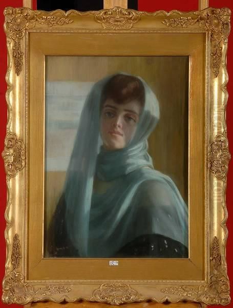 Portrait D'une Elegante Au Voile Bleu by Emile Berchmans