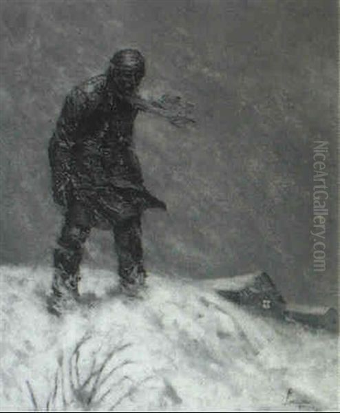 Man Outside In Snowstorm Oil Painting by Fernand Harvey Lungren