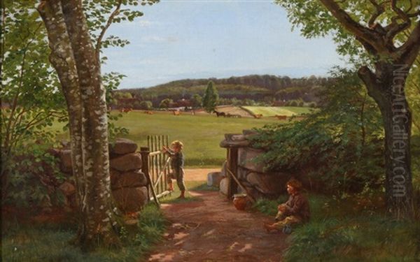 Two Children By A Gate Opening On To A Field Oil Painting by Agnes Cathinka Vilhelmine Lunn