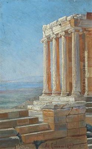 View From Acropolis With Temple Of Nike Oil Painting by Agnes Cathinka Vilhelmine Lunn