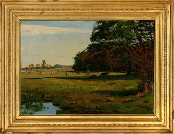 Landsape With Cows On The Field Oil Painting by Agnes Cathinka Vilhelmine Lunn