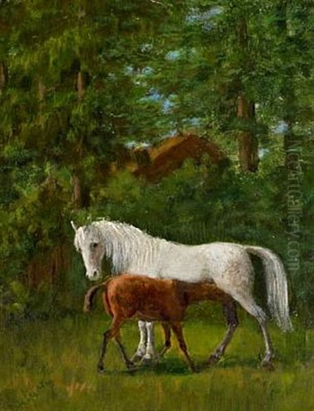 Horses In A Landscape Oil Painting by Agnes Cathinka Vilhelmine Lunn