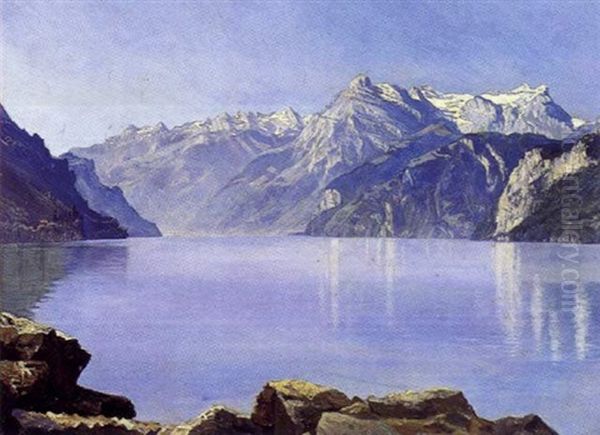 Urnersee (vierwaldstattersee) Med Uri Rothstock Set Fra Mylenstein Ved Brunnen Oil Painting by Agnes Cathinka Vilhelmine Lunn