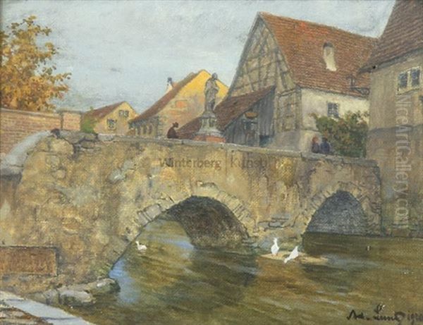 Brucke Mit Heiligen In Bruchsal Oil Painting by Adolf Luntz