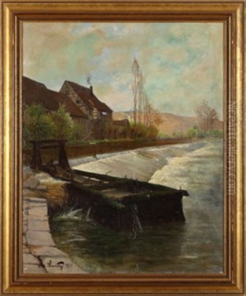 Flusswehr In Schwaben (biesigheim/neckar) Oil Painting by Adolf Luntz