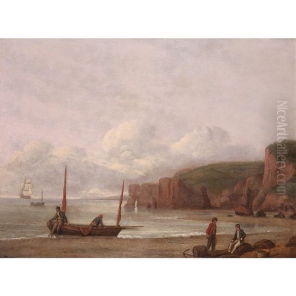 Figures On The Shore In A Coastal Landscape Oil Painting by Thomas Luny