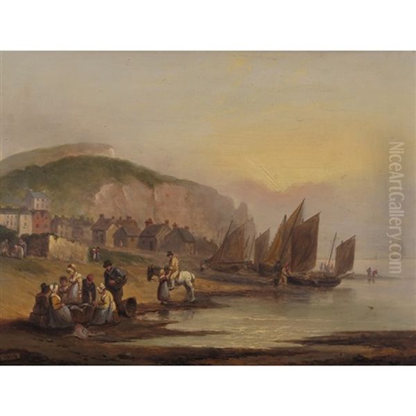 Fisherfolk And Boats On The Shore By A Seaside Town Possibly Seahouses Northumberland Oil Painting by Thomas Luny