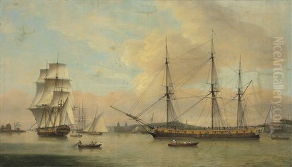 The Monsieur In Two Positions Off Deptford Dockyard, With Greenwich Beyond Oil Painting by Thomas Luny