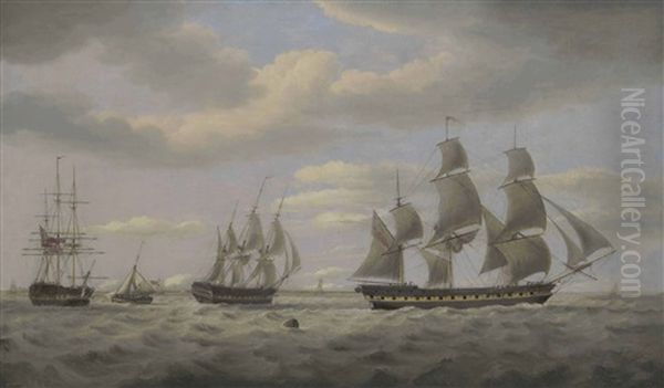 A Frigate In Three Positions At The Mouth Of The Thames Estuary, With A Naval Cutter And Other Coastal Craft Beyond Oil Painting by Thomas Luny