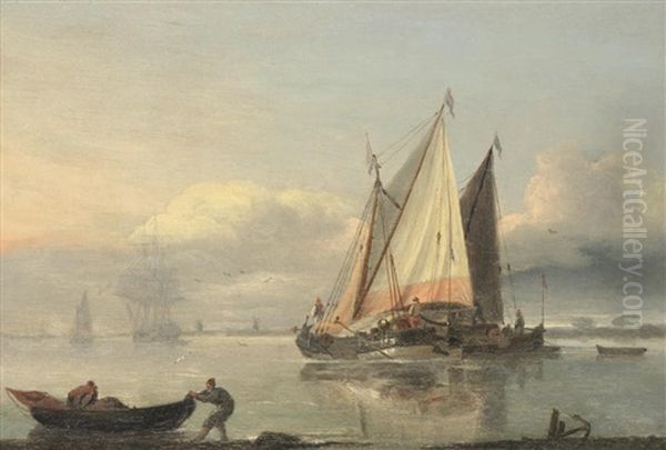 Dutch Barges Lying Offshore Oil Painting by Thomas Luny