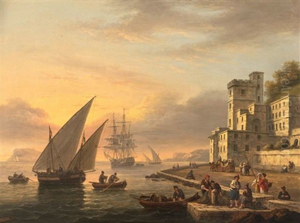 A Mediterranean Sailing Ship Approaching The Quay Oil Painting by Thomas Luny